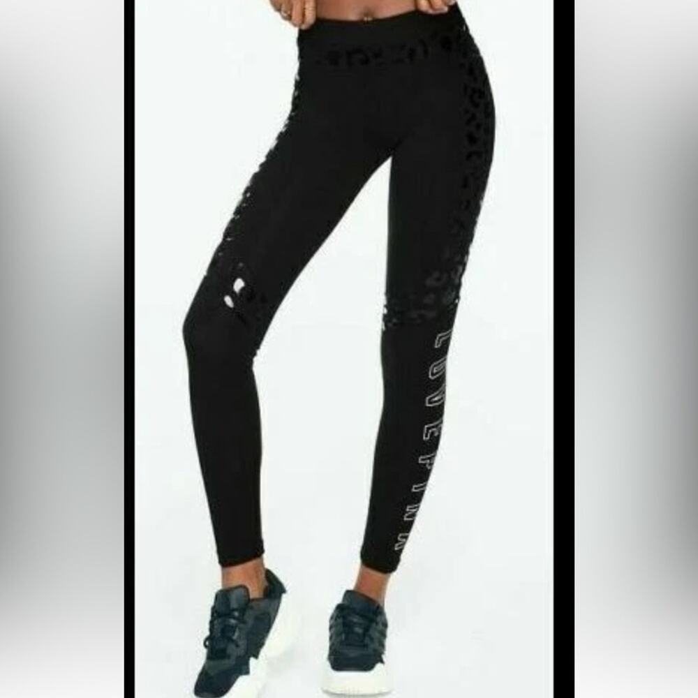 Victorias Secret PINK Cotton Colorblock Leggings Black Shiny Leopard NWT Large